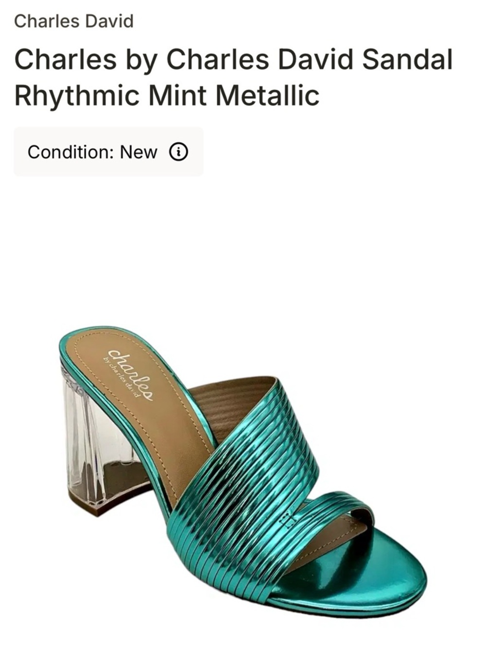Charles by Charles David Metallic Mint Slide Mule with Clear Block Heel